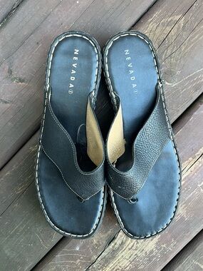Nevada Black Leather Wedge Sandals